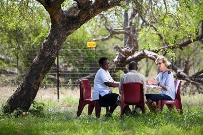 Health care staff and volunteers under a tree